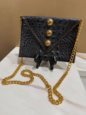 J. J. Winters crocodile embossed envelope clutch bag, black with gold strap